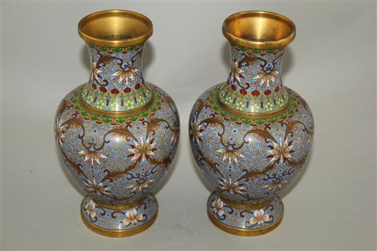 A pair of Chinese cloisonne enamel baluster vases, early 20th century, 21cm